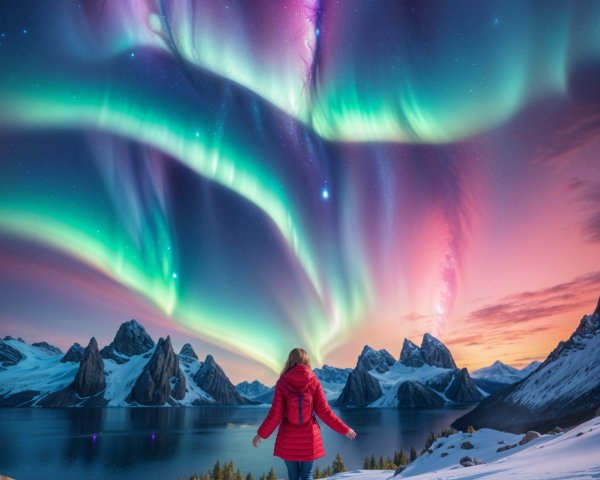 Person in red jacket under aurora borealis at twilight