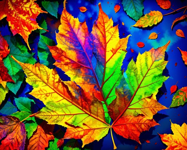 Vibrant Autumn Leaves in Rich Colors on Blue Background