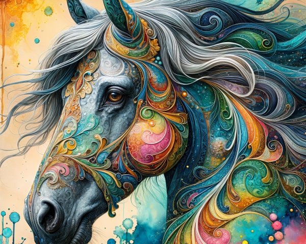 Intricate Close-Up of a Colorful Horse's Head