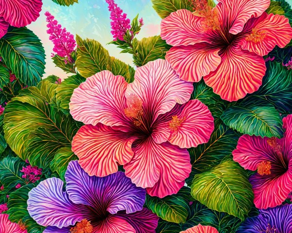 Vibrant Tropical Hibiscus Flowers and Green Leaves