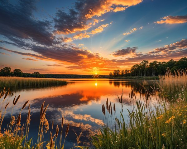 Serene Sunset Over Tranquil Lake with Vibrant Colors