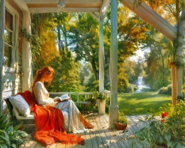 Serene Porch Scene with Woman Reading in Nature