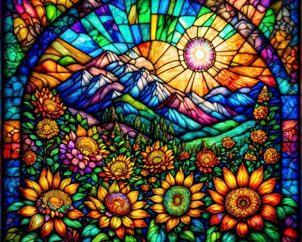 Vibrant Stained Glass Window of Sun and Mountains