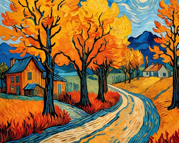Vibrant Autumn Landscape with Colorful Trees and House