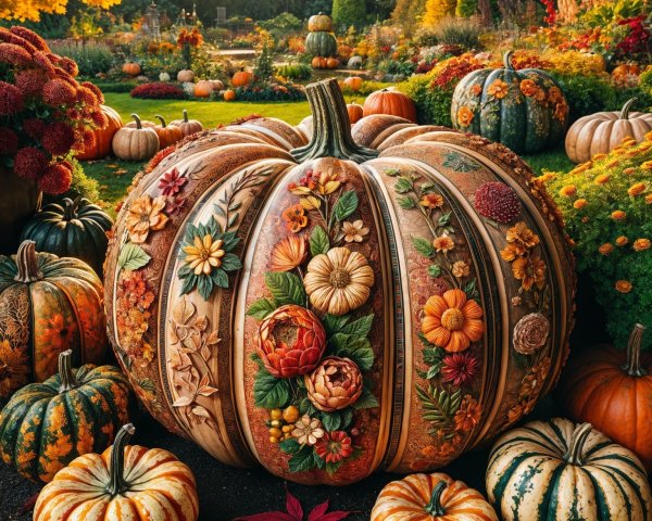 Intricately Carved Pumpkin in a Vibrant Garden Setting