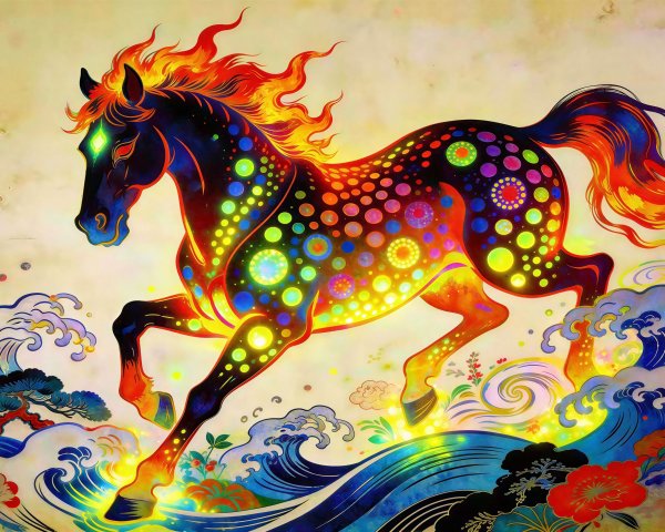 Cosmic Horse Watercolor with Vibrant Colors and Patterns