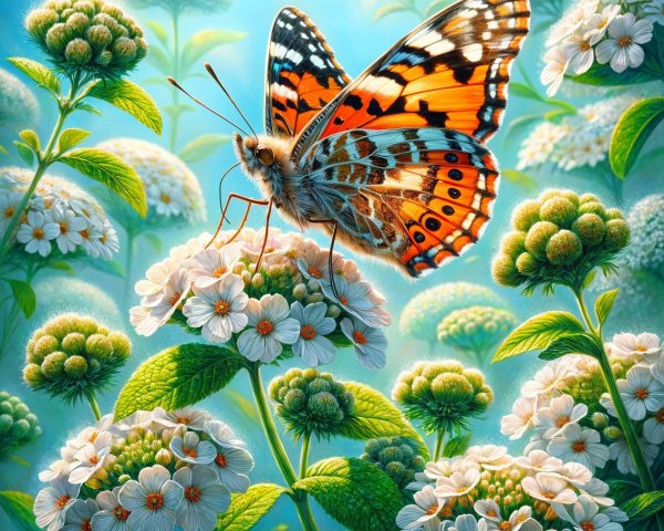 Butterfly on White Flowers with Greenery Background