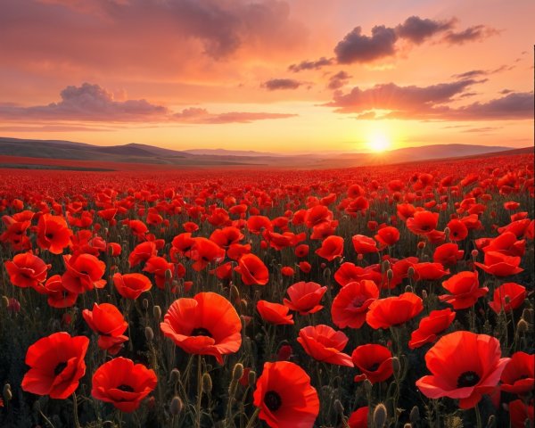 Vibrant Red Poppies Against a Pastel Sunset Landscape