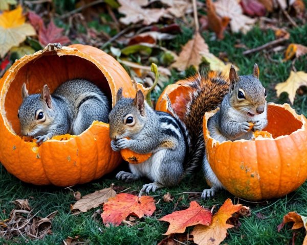 Squirrels in Pumpkins Surrounded by Autumn Leaves