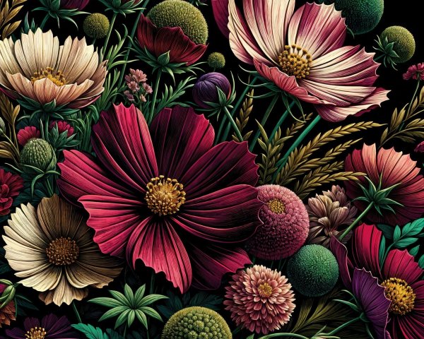 Vibrant Floral Arrangement in Various Shades and Textures