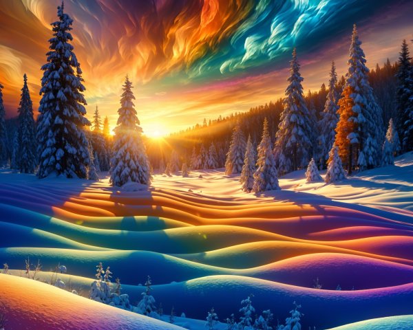 Winter Landscape with Snow-Covered Trees and Sunset Sky