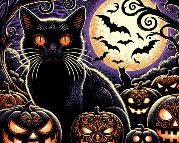 Black Cat with Glowing Eyes and Halloween Elements