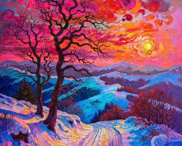 Vibrant Impasto Painting of Snowy Sunset Landscape