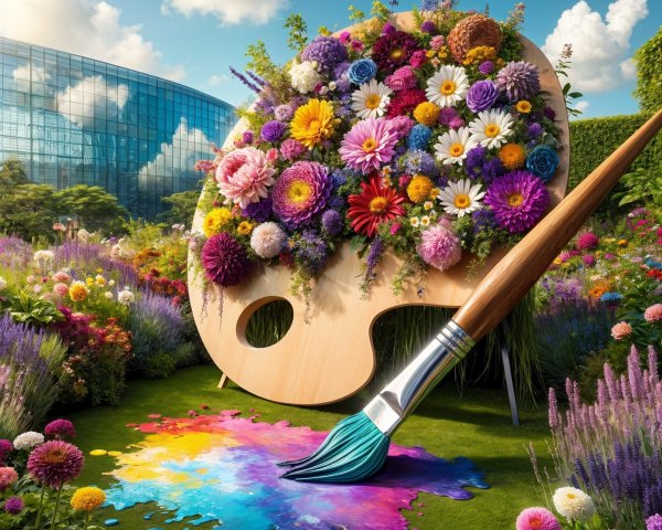 Oversized Palette with Colorful Flowers in Garden Scene