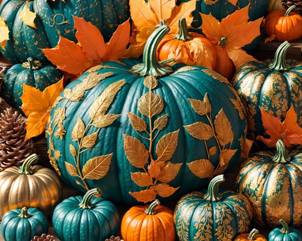 Vibrant Autumn Display of Colorful Pumpkins and Leaves