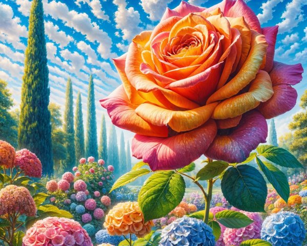 Vibrant Garden Scene with Colossal Rose and Hydrangeas