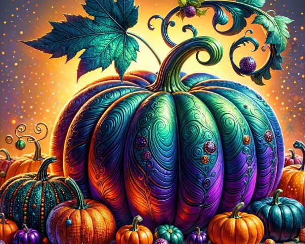 Vibrant Pumpkin Display with Autumn Leaves and Colors