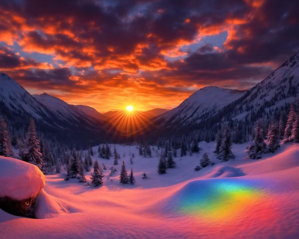 Vibrant Sunset Over Snowy Mountain Range and Valley