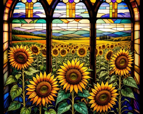 Vibrant Stained Glass Window of Sunflowers and Landscape