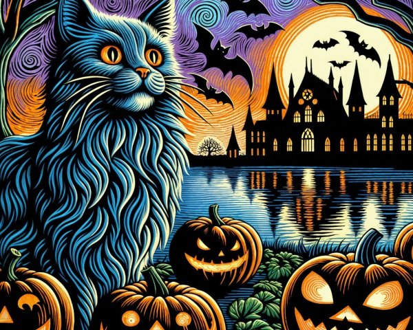 Whimsical Halloween Scene with Blue Cat and Pumpkins