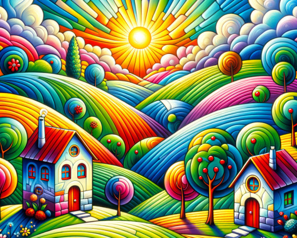 Colorful Whimsical Landscape with Charming Houses