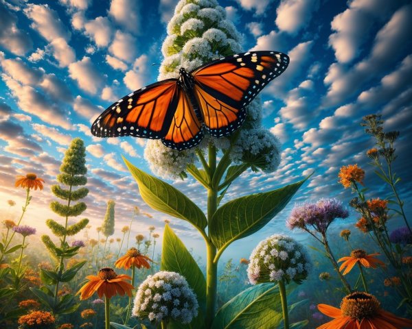 Monarch Butterfly on White Flowers in Sunlit Meadow