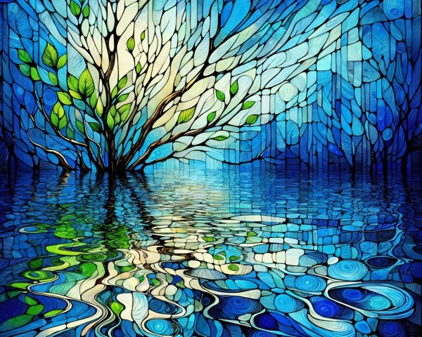 Stained-Glass Artwork of Tree and Tranquil Water