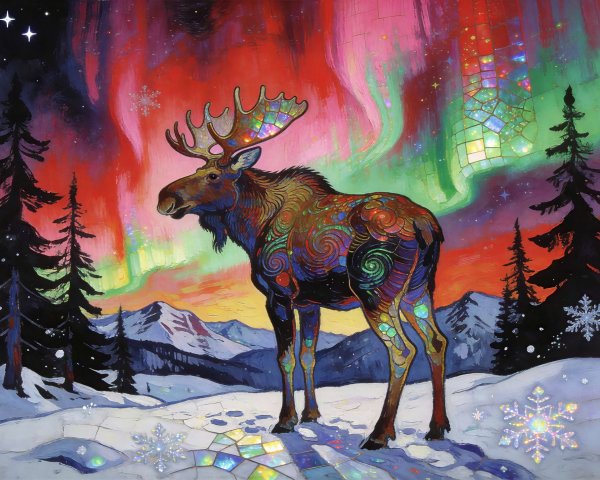 Majestic Moose in Stained Glass Style Winter Scene