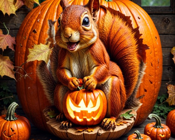 Squirrel Carving Jack-o'-Lanterns in Autumn Scene