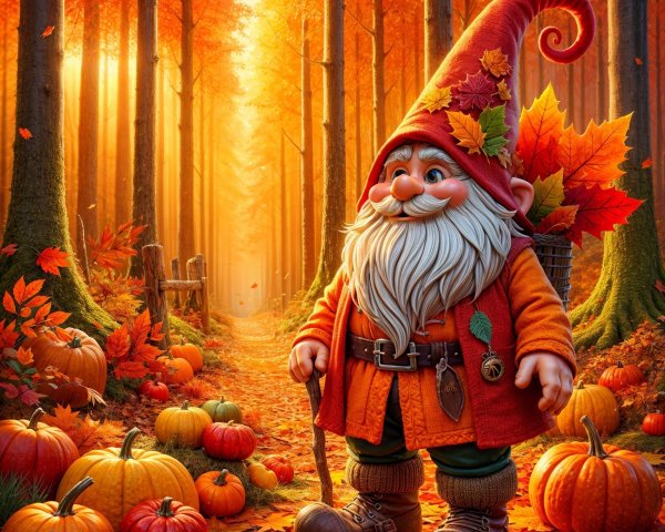 Cheerful gnome in vibrant autumn forest setting