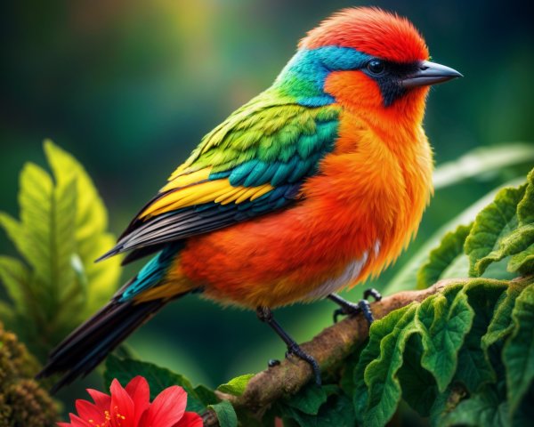 Colorful Bird on Green Branch with Red Flower