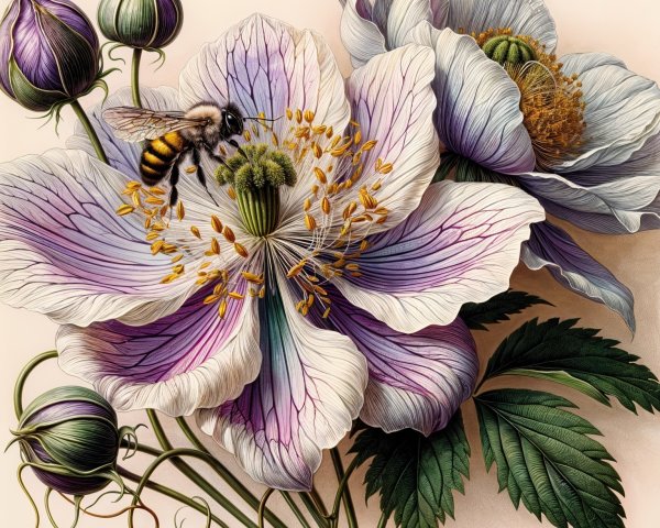 Detailed Illustration of Blooming Flowers and Bee