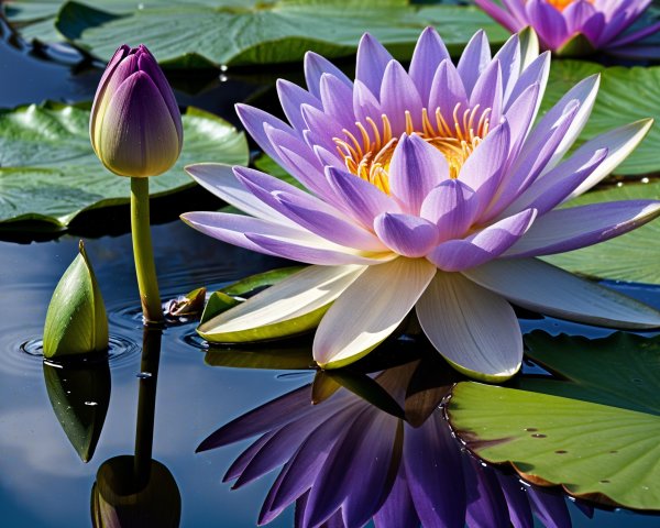 Purple Water Lily Blooms on Tranquil Pond Scene