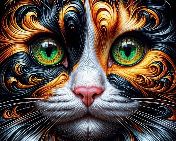 Close-Up of a Colorful Cat's Face with Green Eyes