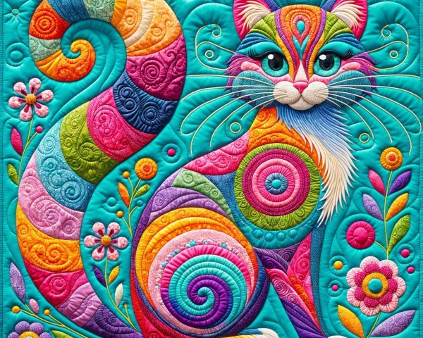 Colorful Cat Design with Intricate Patterns and Flowers