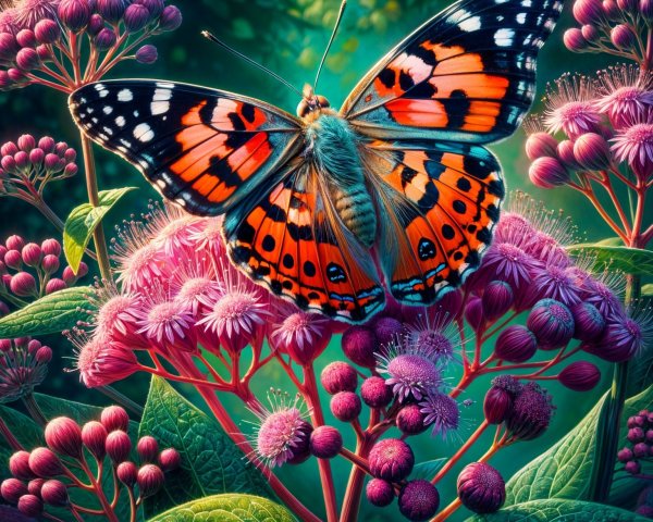 Butterfly on Pink Flowers with Green Foliage Background