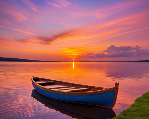 Serene sunset over a calm lake with a blue boat