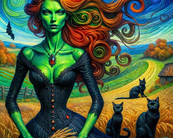 Vibrant Green Figure in Rural Landscape with Cats