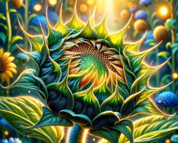 Vibrant Sunflower Bud in Colorful Garden Setting