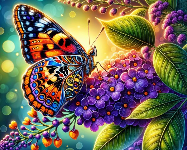 Vibrant Butterfly on Purple Flowers with Lush Foliage