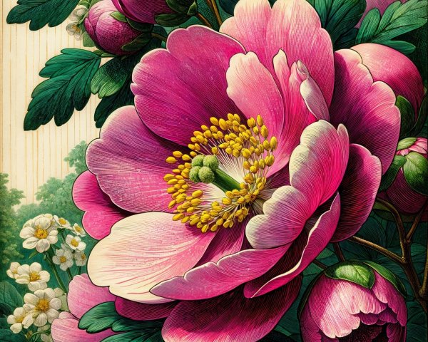 Vibrant Illustration of Lush Peonies and Flowers
