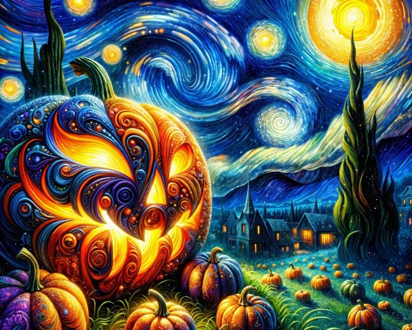 Vibrant Night Sky with Pumpkins and Village Landscape