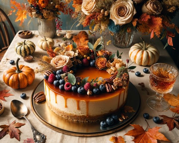 Autumn-Themed Table with Cheesecake and Decorations