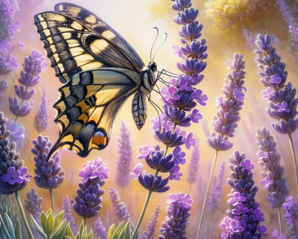 Butterfly on Lavender Flowers in Golden Sunlight