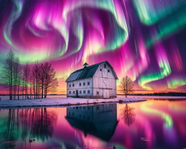 Tranquil Landscape with Barn and Northern Lights Reflection