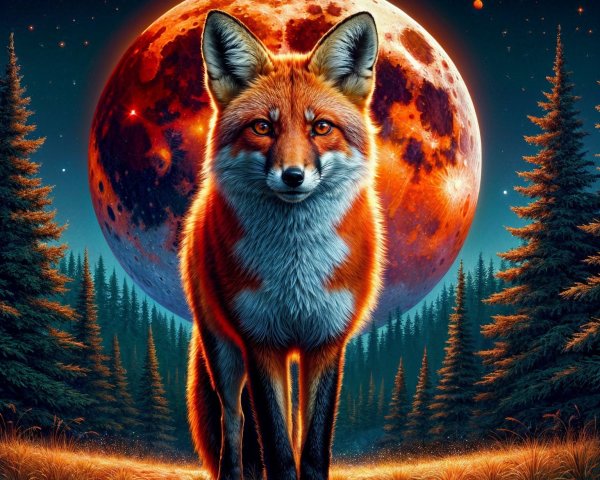 Red Fox in Serene Forest Under Orange Moonlight