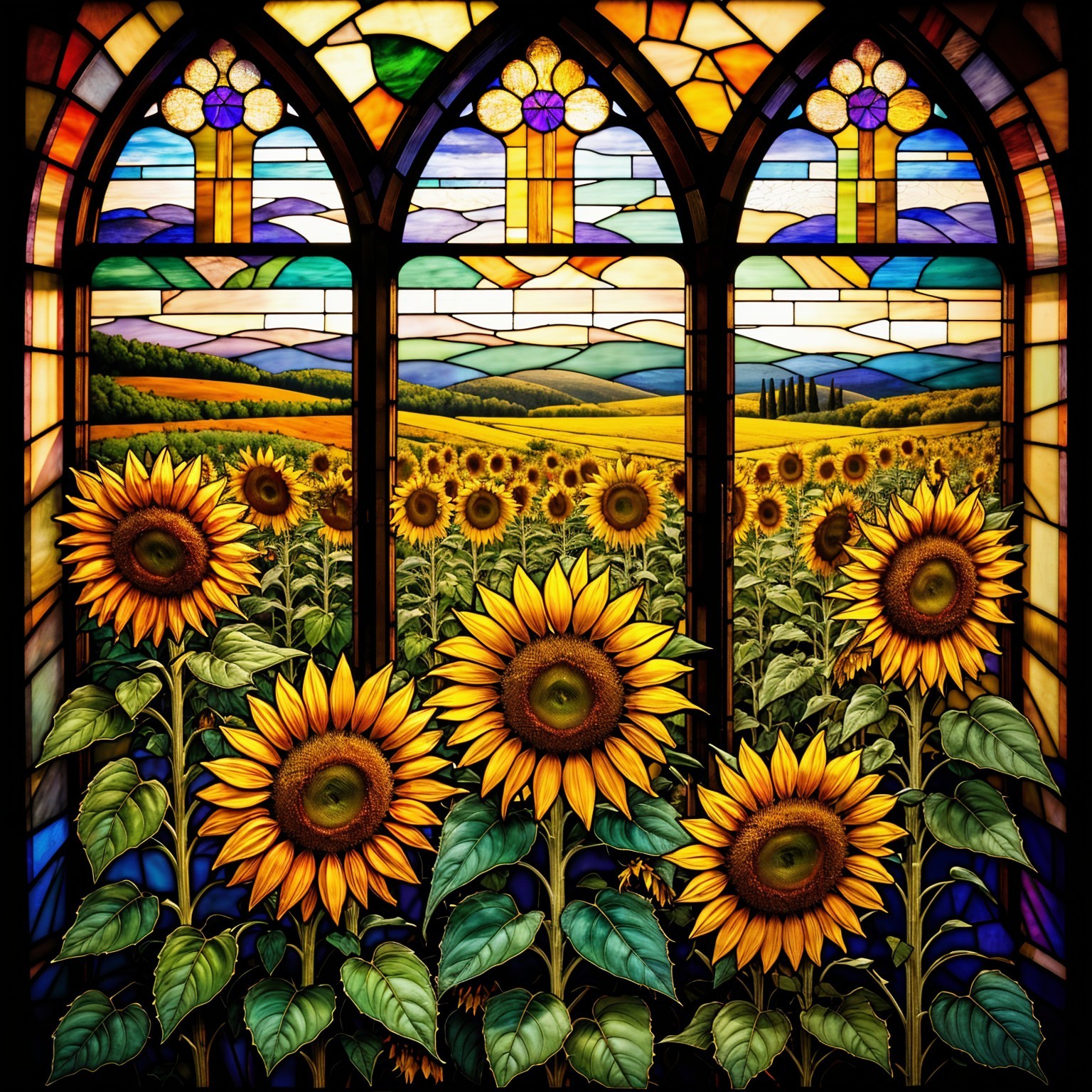 Vibrant Stained Glass Window of Sunflowers and Landscape