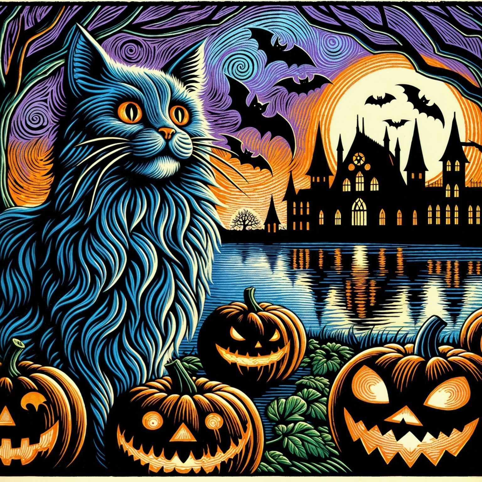 Whimsical Halloween Scene with Blue Cat and Pumpkins