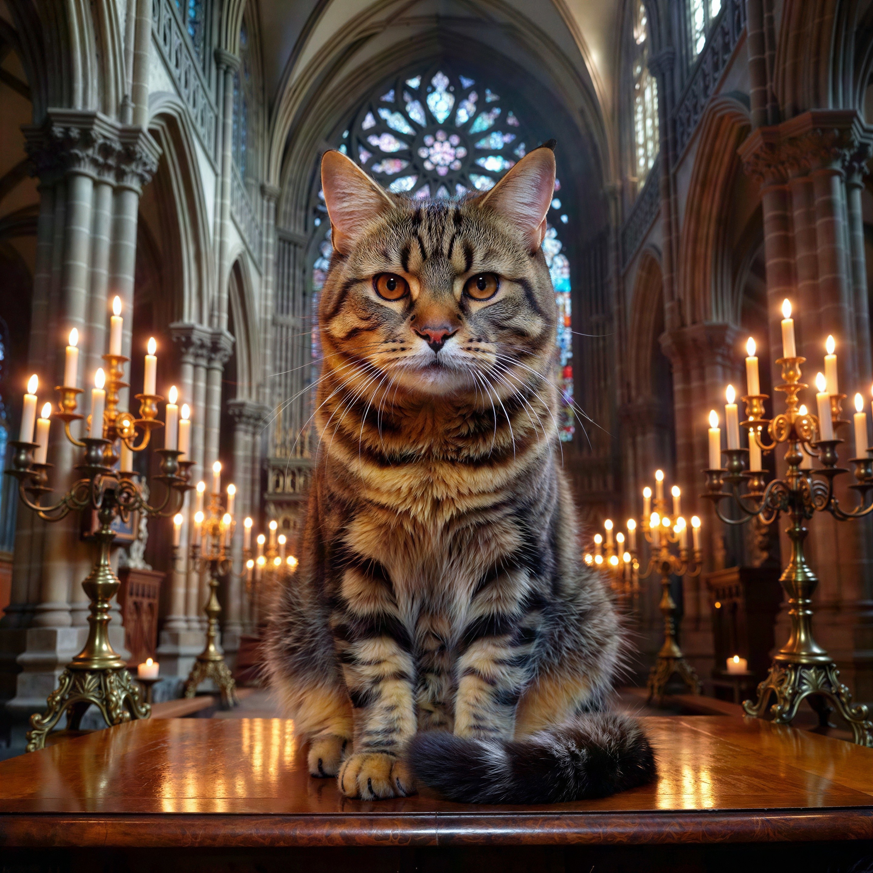 Fluffy Brown Cat in Front of Candlelit Temple Scene