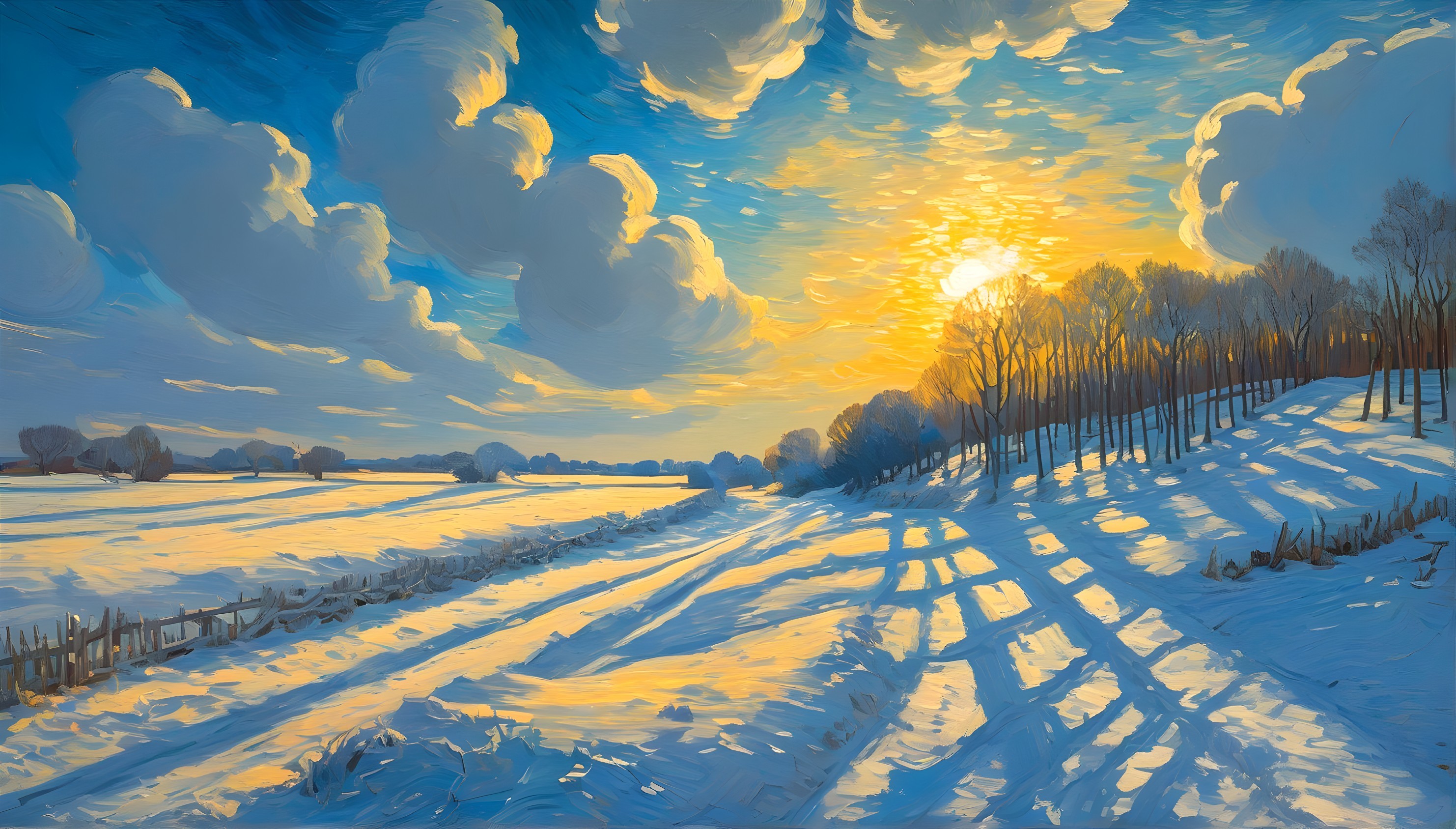 Snow-covered winter landscape with low sun and long shadows.